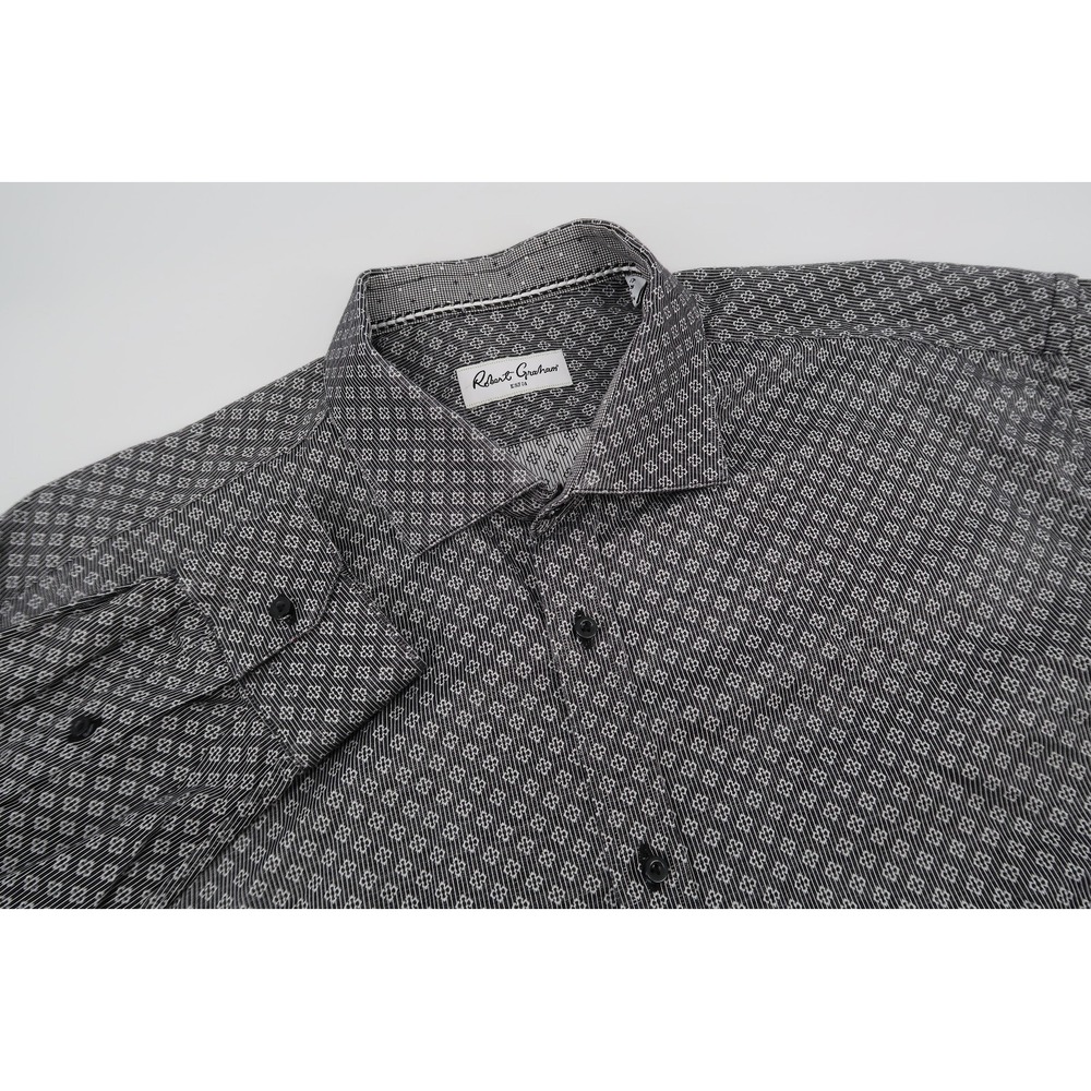 Robert Graham Mens 18.5 Black‎ Cross Embroidered Flip Cuff Button Front Shirt